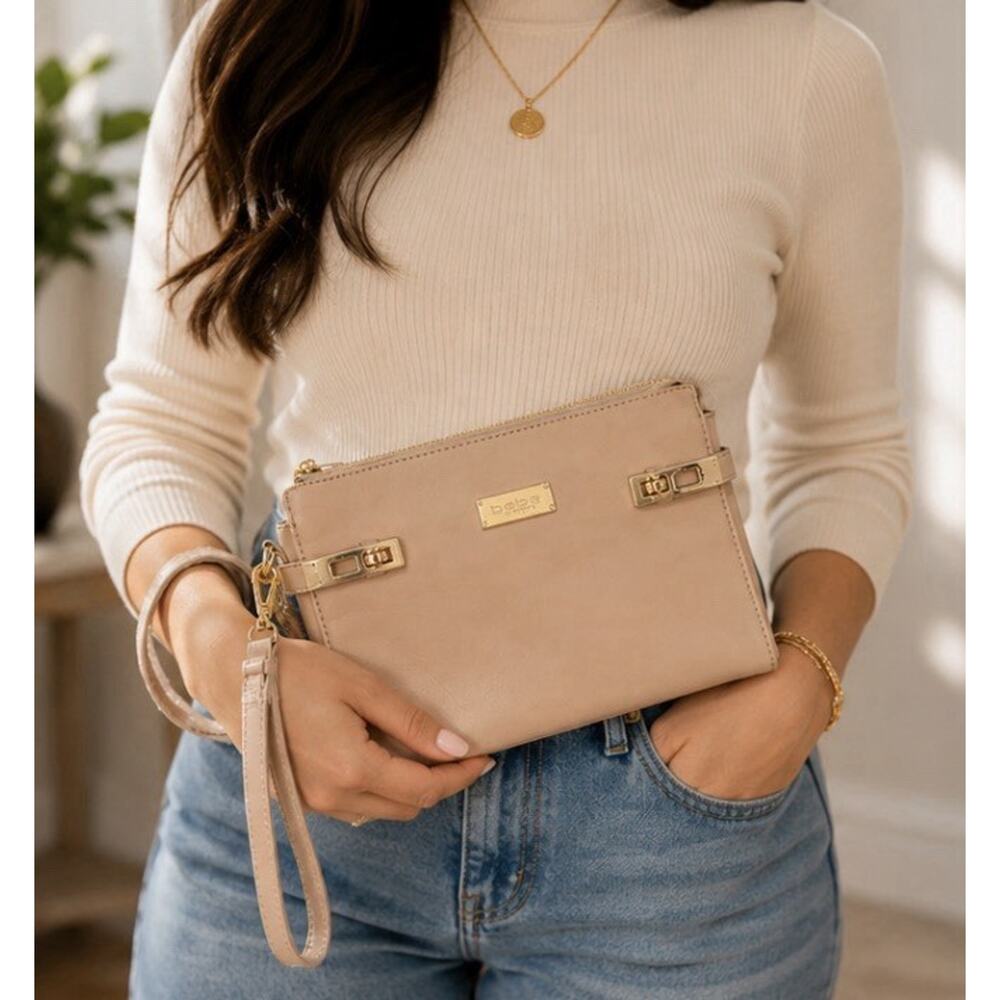 Bebe Nude Beige Wristlet Clutch Purse Y2K Glam Gold Hardware New